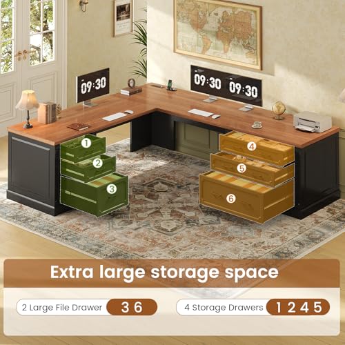 Farmhouse 78.8" L Shaped Desk with 6 Drawers, Home Office Desk with Power Outlet, view 4