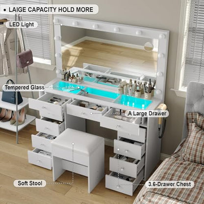 Vanity Desk with Mirror, Makeup Table with Power Outlet and 11 Lights, Set 3 Lighting with RGB Drawers, Vanity Table with 11 Drawers and Cushioned Stool for Bedroom, Dressing Room (White)