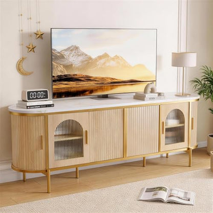 70" Fluted TV Stand for TVs up to 80", Mid Century Modern Entertainment Center with Sliding Doors & Glass Door, TV Console Table with Faux Marble Top for Living Room, Oak