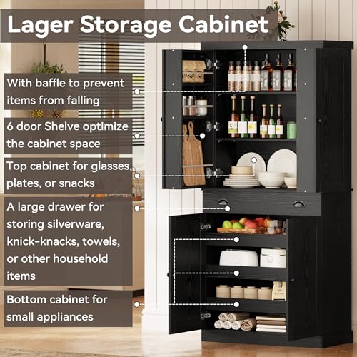 Kitchen Pantry Cabinet 72" Height, Freestanding Cupboard with Drawer, Sliding Storage Rack, and 6 Hanging Shelves for Dining Room, Laundry, Living Room, Black