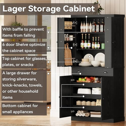 Kitchen Pantry Cabinet 72" Height, Freestanding Cupboard with Drawer, Sliding Storage Rack, and 6 Hanging Shelves for Dining Room, Laundry, Living Room, Black