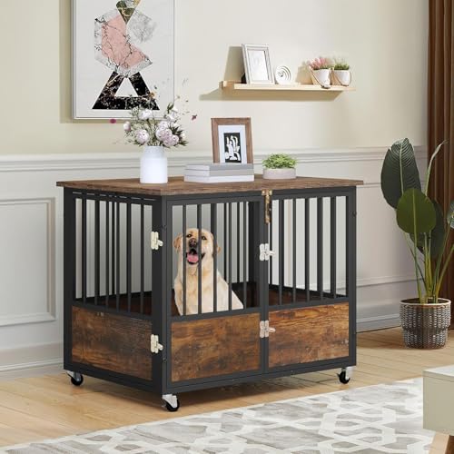 Dog Crate Furniture with Wheels & Double-Doors, Rustic Brown, view 5