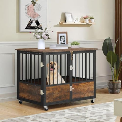 Dog Crate Furniture with Wheels & Double-Doors, Rustic Brown, view 5