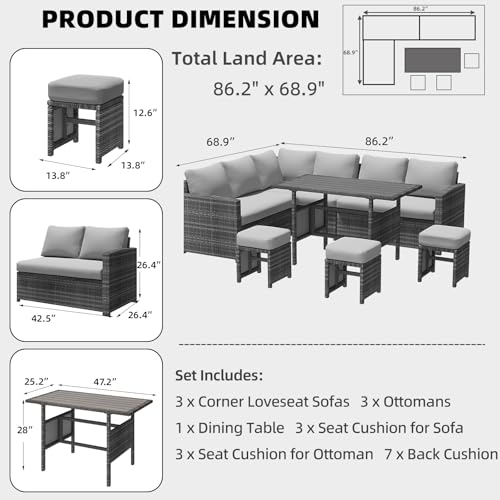 Outdoor Patio Furniture Set, 7 Pieces Clearance Sectional Rattan Dining Table&Chairs, All Weather Wicker Conversation Sofa Couch with Ottoman, Grey Cushions&Grey Rattan