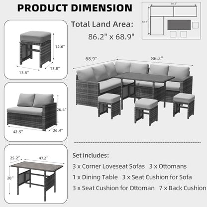 Outdoor Patio Furniture Set, 7 Pieces Clearance Sectional Rattan Dining Table&Chairs, All Weather Wicker Conversation Sofa Couch with Ottoman, Grey Cushions&Grey Rattan