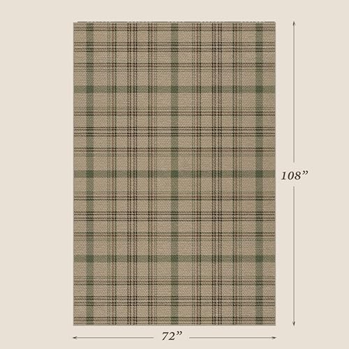 Easy Jute Green Plaid Rug 6x9 for Living Room, Washable Modern Farmhouse Area Rugs for Bedroom Aesthetic, Dining Room, Patio, Sage Tan Woven Tartan Design, Non Skid, Easy Clean Viral Jute No Shed