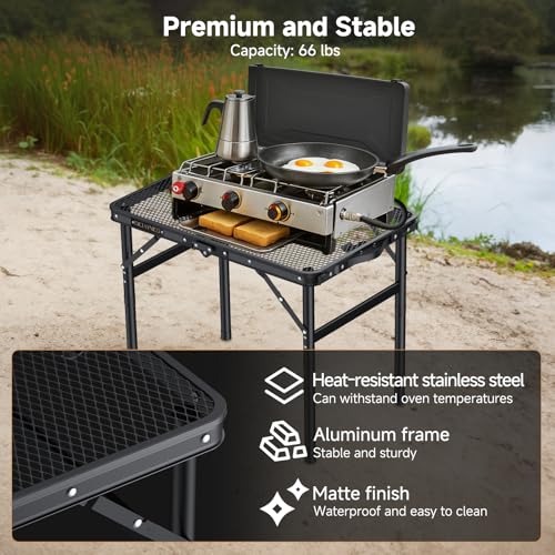 Folding Camping Table, 22" x 15" Picnic Table with 3 Adjustable Height Max 27.5", Matte Black Aluminum Folding Table with Handle for Party, Dining, Garden, Patio, Market (2-Fold Mesh Tabletop)