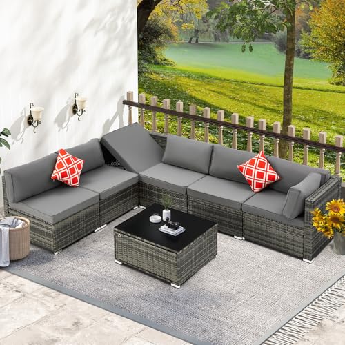 7 Piece Patio Furniture Set with Adjustable Bracket All-Weather Wicker Conversation Set with Coffee Table for Porch Garden Backyard (Gray)