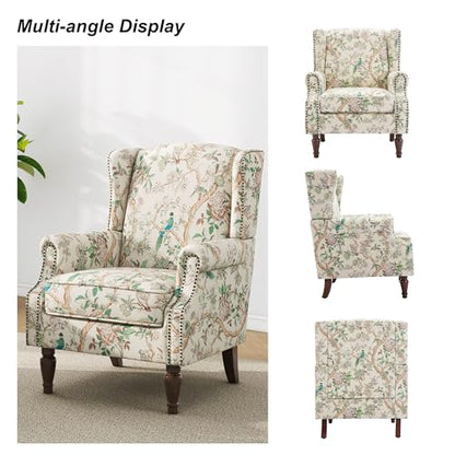 Accent Chair, Upholstered High Back Armchair with Nailhead Trim & Wood Legs, Comfy Wingback Reading Single Sofa Chair for Small Spaces, Living Room, Bedroom (Bird, Set of 1)