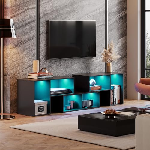 TV Stand, Deformable TV Stand with LED Strip, Modern Entertainment Center, Gaming Media 3 Pieces Console Cabinet for Living Room, Bedroom, Black