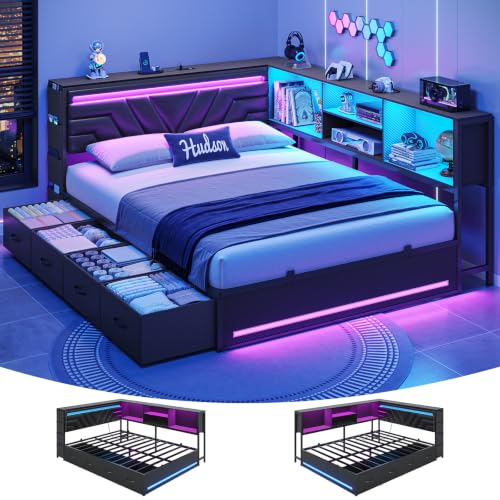 Queen Corner Bed Frame with Storage Bookcase,4 Drawers & Charging Station, view 2