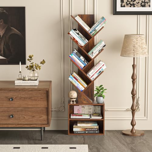 10 Tier Tree Bookshelf,Floor Standing Wood Tall Bookcase for Narrow Space, Storage Organizer Bookshelves for Books, Book Case for CDs/Movies/Books,Home Office,Living Room, Bedroom