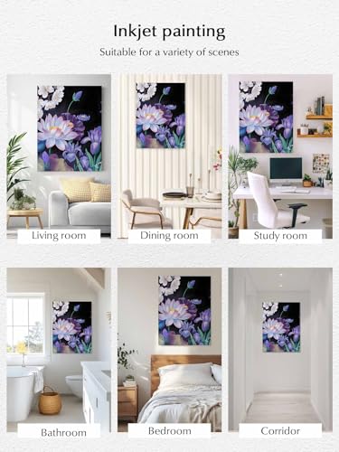 NuYeBiofx Blue Purple Colorful Lotus Canvas Wall Art Prints,48"x32" Framed Picture Artwork Watercolor Flower Leaves Plant Printed Canvas Oil Painting for Living Room Bedroom Office,Ready to Hang