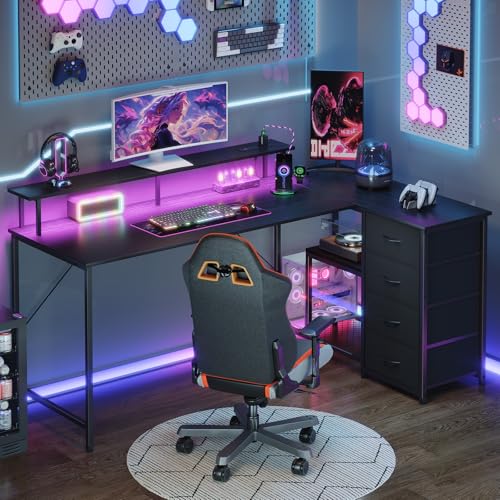 L Shaped Desk with 4 Drawers,61" Reversible Home Office Desks with Power Outlets,L Shaped Gaming Desk with USB Charging Port,Corner Desk with Storage Shelves,Easy to Assemble,Black