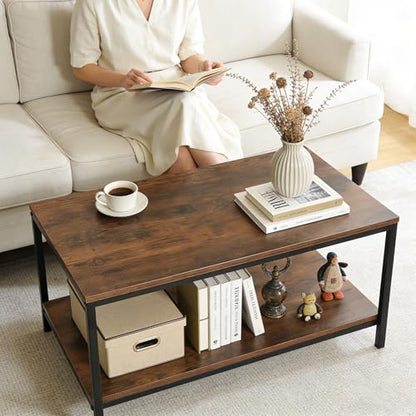 Industrial Coffee Table with Storage Shelf for Living Room, Wood Look Accent Furniture with Vintage Wooden Board Stable Metal Frame Cocktail Table 2-Tier Tea Table, Rustic Brown