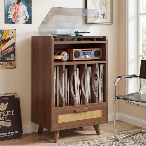 Record Player Stand with Power Outlets, Vinyl Storage Cabinet,Brown, view 2