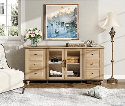 Farmhouse Buffet Cabinet with Glass Door, Wooden Sideboard, Oak, 58”, view 8