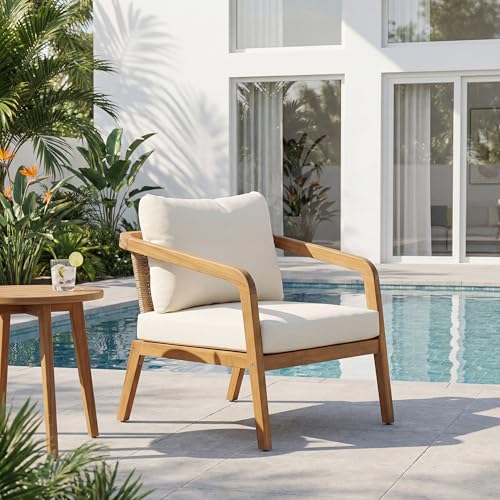 Jay Patio Lounge Chair Outdoor with Weather-Resistant Cushion, Modern Arm Chair with PE Wicker Backrest, Acacia Wood Club Chair for Outdoor Furniture, Cream+Light Brown+Teak