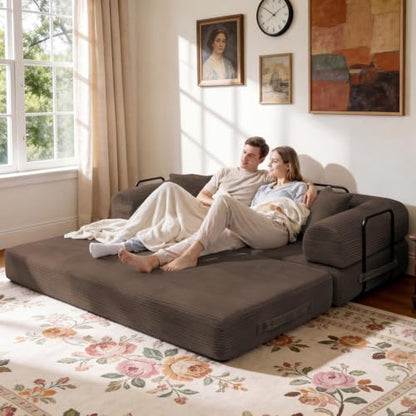 79'' Convertible Sofa Bed, Boneless Couch-in-a-Box, Corduroy Floor Futon Loveseat Sleeper, 26'' Deep Seat, Removable Machine-Wash Covers, No Assembly, 2 Pillows, Brown