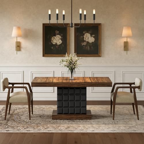 63" Modern Dining Table, Rectangular Dinner Table for 4-6, Farmhouse Kitchen Table, Sturdy Wood Pedestal Base for Kitchen/Dining Room, Rustic Brown & Black