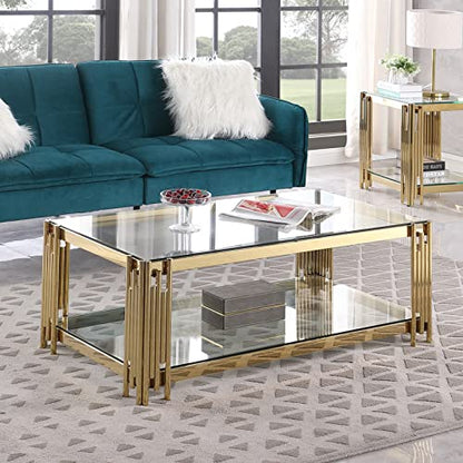 Luxury Clear Glass Coffee Table with Gold Stainless Steel Frame | Rectangle 2-Tier Coffee Table for Living Room Modern Elegant Cocktail Center Table with Storage Shelves for Home Office