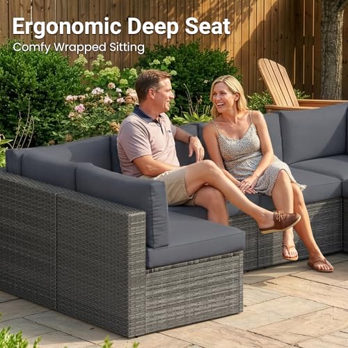 7 Pieces Wicker Outdoor Patio Furniture Set, Patio Sectional Sofa with Coffee Table, All-Weather Outdoor Sectional Furniture for Garden Backyard, Grey