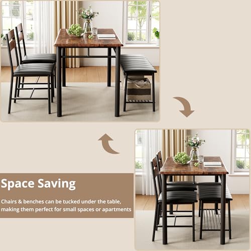 Dining Table Set for 4, Kitchen Table with Upholstered Bench and 2 Chairs, Kitchen Table and Chairs Set for Small Space, Apartment, Rustic Brown