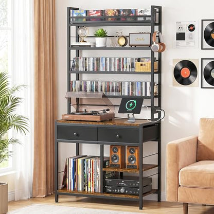 Tall CD Rack with Power Outlet & Drawers, 8-Tier DVD Storage Shelf, view 2