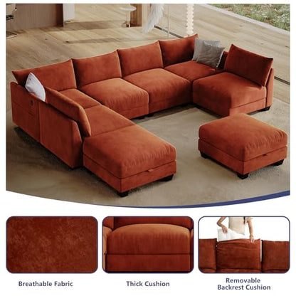124" Modular Sectional Sofa, Modern Chenille U-Shaped 8 Seater Sectional Sofa with Storage Ottoman & USB Ports, L-Shaped Cloud Couch Orange Sectional Couch for Living Room(Orange)