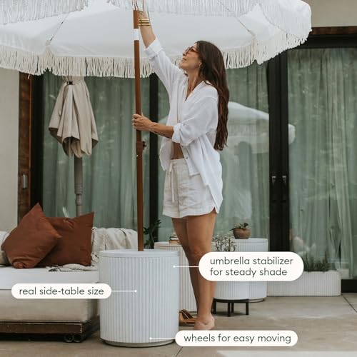 Umbrella Side Table - Outdoor Patio Table with Umbrella Hole for Porch/Patio | Durable Plastic-Stone Composite Material & Easy Assembly | Modern Coffee, Picnic or Poolside Table