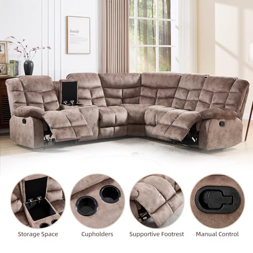 Manual Reclining Sectional Sofa Set for Living Room, Soft Fabric Recliner Corner Sectional Couch with Center Console, Cup Holder and Storage, Brown