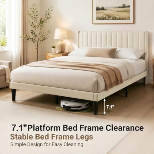 Queen Modern Upholstered Platform Bed Frame with Headboard, Beige, view 5