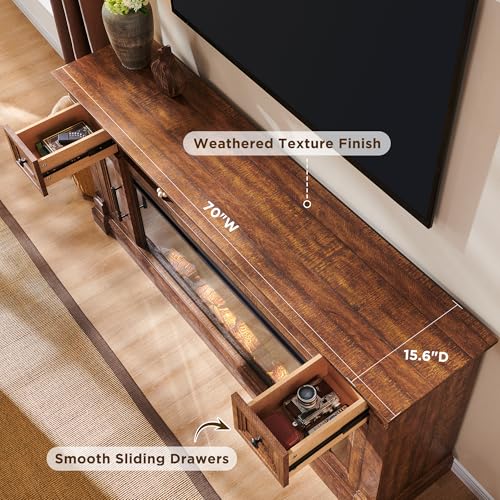 70" Farmhouse Fireplace TV Stand for TVs Up to 80", Reclaimed Barnwood | 42" Electric Fireplace, Color Changing Flame, 2 Open Cubbies, 2 Spacious Drawers, LED Glass Door Cabinets, Retro Handles