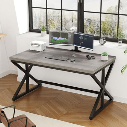 Computer Desk, Industrial PC Laptop Office Desk, Farmhouse Gaming Desk with Spacious Desktop, Rustic Wood Metal Writing Study Work Table for Home Office Bedroom, 47 Inch, Grey Oak