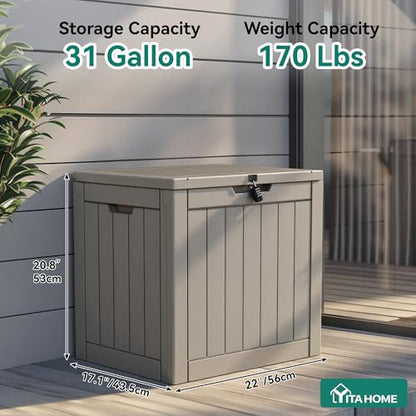 31 Gallon Outdoor Storage Deck Box | Waterproof Resin Package Delivery and Storage Box with Lockable Lid for Patio Furniture Cushions, Pool Accessories, Garden