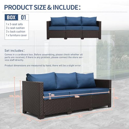 Patio Furniture 3-seat Sofa Brown Wicker Outdoor Furniture Outdoor Couch Deep Seat High Backrest Waterproof Cover Anti-Slip Washable Cushions, Navy Blue