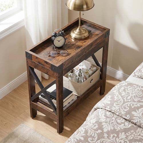 Narrow End Table with Charging Station, Rustic Brown Side Table with 2 USB Ports & Power Outlets, Slim Industrial Nightstand for Small Spaces, Living Room Sofa & Bedroom