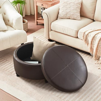 30-Inch Round Storage Ottoman, Modern Ottoman Coffee Table with Removable Top for Living Room, Bedroom, Office (Brown)