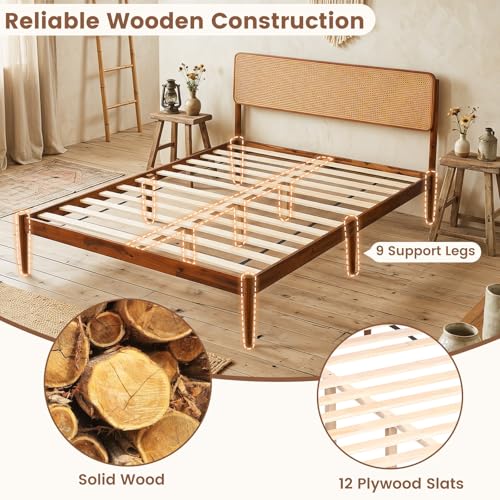 Queen Size Bed Frame w/Natural Rattan Headboard, Boho Platform Bed, view 6
