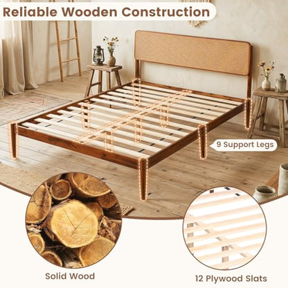 Queen Size Bed Frame w/Natural Rattan Headboard, Boho Platform Bed, view 6