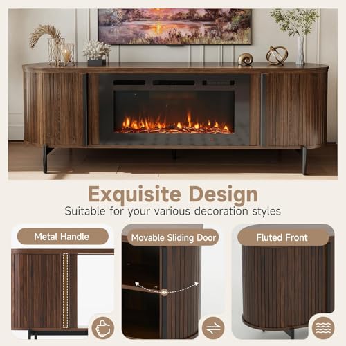 Luxury Fluted TV Stand with Fireplace, 70 inch, Brown, view 4
