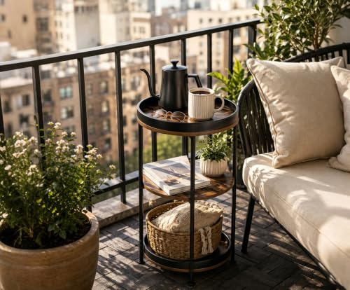 Side Table, Round End Table with 3 Storage Shelves for Living Room, Bedroom, Nightstand with Steel Frame for Small Spaces, Industrial Round Sofa Table, Outdoor Accent Coffee Table, Rustic Brown