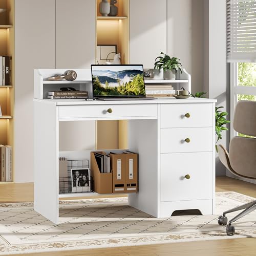 Computer Desk with Drawers and Hutch Shelf, Wood Executive Desk Writing Study Table with 43” Wide Tabletop, Small Desk with File Drawer for Home Office Bedroom, White