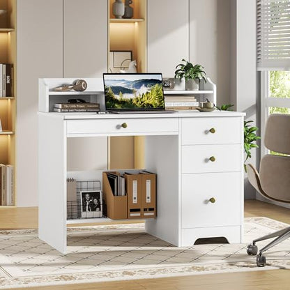 Computer Desk with Drawers and Hutch Shelf, Wood Executive Desk Writing Study Table with 43” Wide Tabletop, Small Desk with File Drawer for Home Office Bedroom, White