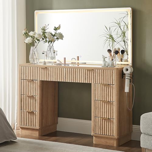 48" Fluted Makeup Vanity Desk with Led Lighted Mirror, Natural Oak, view 2