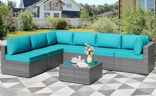 7 Pieces Outdoor Patio Furniture Sets, Patio Sectional Sofa Couch, Silver Gray PE Wicker Furniture Modular Patio Conversation Sets Patio Sofa with Washable Cushions & Coffee Table (Blue)