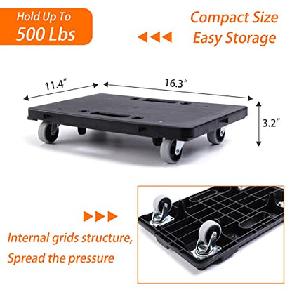 Furniture Dolly,Furniture Movers Dollys with Wheels,16in-11in 500lbs Capacity,Moving Dolly 4 Wheels Heavy Duty,4 Wheels Small Flat Dolly, 2 Pack, Black