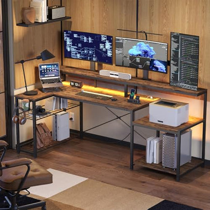 71.5 inch Computer Desk with Power Outlets, L Shaped LED Home Office Desk with Long Monitor Stand, Large Corner Desk with Storage Shelf, Cup Holder & Headset Hooks, Modern Simple Table