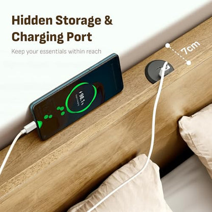 Solid Rubberwood Bed Frame with Hidden Storage and USB Ports, view 7