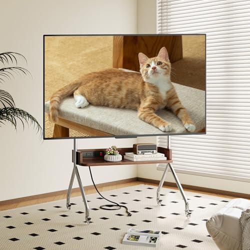 Rolling TV Stand with Power Outlet & Wooden Shelf, view 3